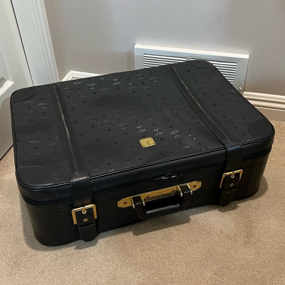 MCM Black Nylon and Leather Suitcase with Gold-Tone Plating